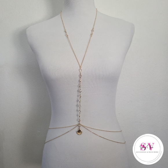Gold Body Chain With Rhinestone And Shell Decor - Picture 1 of 6